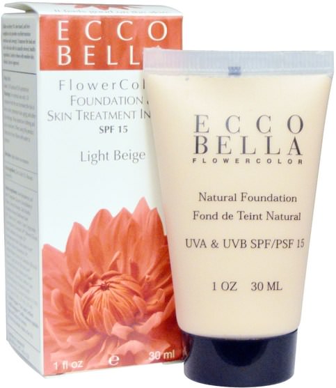 美容，面部護理，spf面部護理，沐浴，化妝 - Ecco Bella, FlowerColor, Foundation & Skin Treatment In One, SPF 15, Light Beige, 1 fl oz (30 ml)