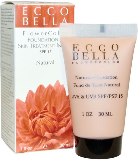美容，面部護理，spf面部護理，沐浴，化妝 - Ecco Bella, FlowerColor, Foundation & Skin Treatment In One, SPF 15, Natural, 1 fl oz (30 ml)