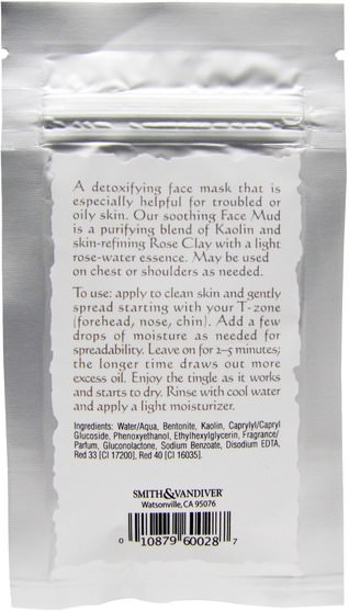 美容，面膜，泥面膜，健康，排毒，粘土 - Smith & Vandiver, Spa.ah, Detoxifying Face Mud With Rose Clay.75 oz (22 g)