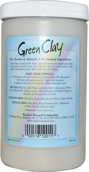 美容，面膜，泥面膜 - Rainbow Research, French Green Clay, Facial Treatment Mask Powder, 32 oz