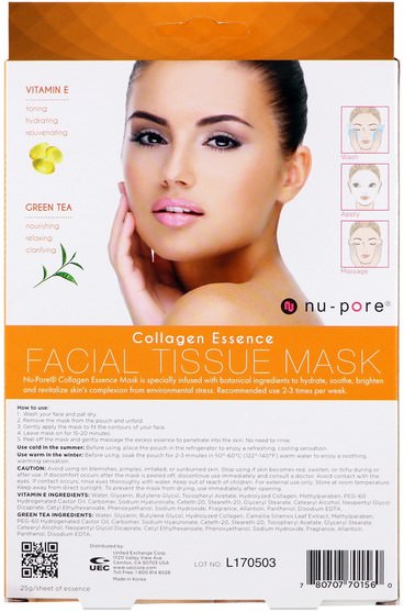 美容，面膜，面膜 - Nu-Pore, Collagen Essence Facial Tissue Mask, Vitamin E & Green Tea, 2 Mask
