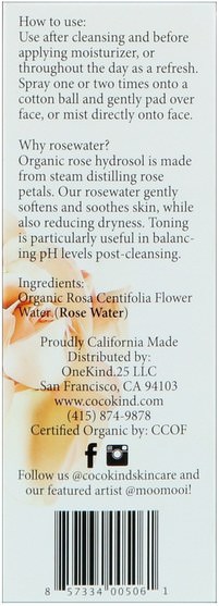 美容，面部調色劑 - Cocokind, Organic Rosewater Facial Toner, For All Skin Types, 4 fl oz (120 ml)