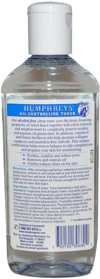 美容，面部調色劑，皮膚，金縷梅 - Humphreys, Citrus Witch Hazel, Oil Controlling Facial Toner, 8 fl oz (237 ml)