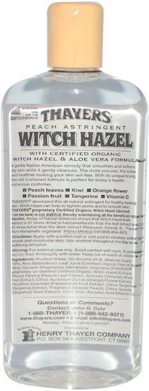美容，面部調色劑，皮膚，金縷梅 - Thayers, Witch Hazel, Aloe Vera Formula, Peach, 12 fl oz (355 ml)