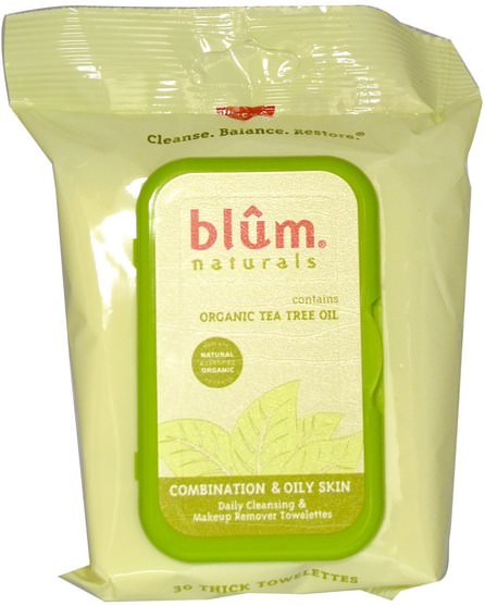 美容，水楊酸，面部護理，面部濕巾 - Blum Naturals, Daily Cleansing & Makeup Remover Towelettes, Combination & Oily Skin, Tea Tree, 30 Towelettes