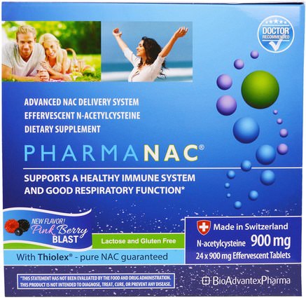 PharmaNAC, Pink Berry Blast, 900 mg, 24 Effervescent Tablets by BioAdvantex Pharma, 補充劑，氨基酸，nac（n乙酰半胱氨酸） HK 香港