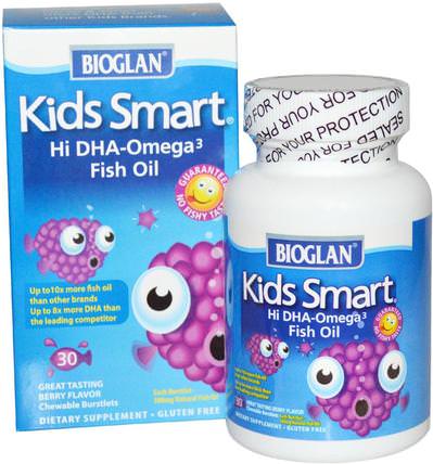 Kids Smart, Hi DHA-Omega 3 Fish Oil, Berry Flavor, 30 Chewable Burstlets by Bioglan, 補充劑，efa omega 3 6 9（epa dha），補充兒童 HK 香港