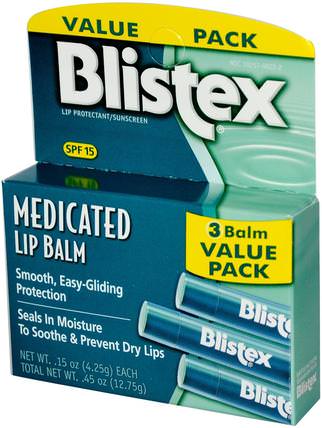 Medicated Lip Balm, Lip Protectant/Sunscreen, SPF 15, 3 Balm Value Pack.15 oz (4.25 g) Each by Blistex, 沐浴，美容，唇部護理，blistex藥用，唇部防曬霜 HK 香港