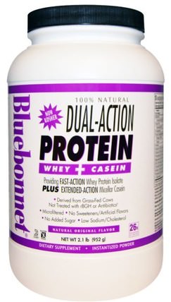 100% Natural Dual-Action Protein Whey + Casein, Natural Original Flavor, 2.1 lb (952 g) by Bluebonnet Nutrition, 補充劑，蛋白質 HK 香港
