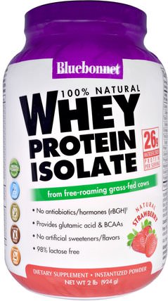 100% Natural, Whey Protein Isolate, Natural Strawberry, 2 lbs (924 g) by Bluebonnet Nutrition, 補充劑，蛋白質 HK 香港