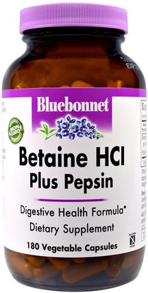 Betaine HCl, Plus Pepsin, 180 Veggie Caps by Bluebonnet Nutrition, 補充劑，甜菜鹼hcl，消化酶 HK 香港