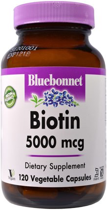 Biotin, 5.000 mcg, 120 Veggie Caps by Bluebonnet Nutrition, 維生素，生物素 HK 香港