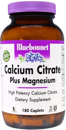 Calcium Citrate, Plus Magnesium, 180 Caplets by Bluebonnet Nutrition, 補充劑，礦物質，鈣和鎂 HK 香港