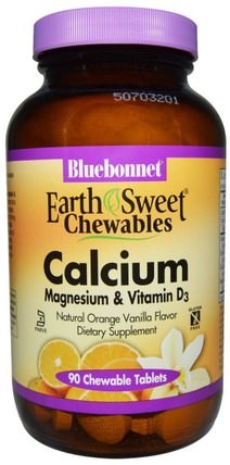 Calcium, Magnesium & Vitamin D3, Orange Vanilla, 90 Chewable Tablets by Bluebonnet Nutrition, 補品，礦物質，鈣和鎂，咀嚼鈣 HK 香港