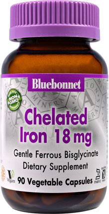 Chelated Iron, 18 mg, 90 Veggie Caps by Bluebonnet Nutrition, 補充劑，氨基酸，礦物質，鐵 HK 香港