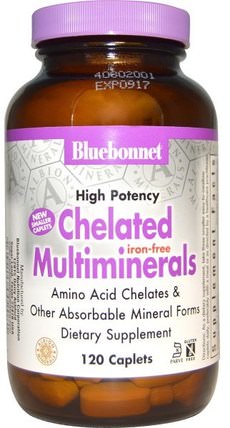 Chelated Multiminerals, Iron Free, 120 Caplets by Bluebonnet Nutrition, 補品，礦物質，多種礦物質 HK 香港