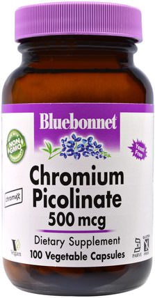 Chromium Picolinate, 500 mcg, 100 Veggie Caps by Bluebonnet Nutrition, 補充劑，礦物質，吡啶甲酸鉻 HK 香港