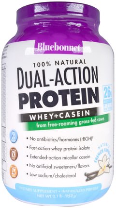 Dual-Action Protein, Whey + Casein, Natural French Vanilla, 2.1 lbs (952 g) by Bluebonnet Nutrition, 補充劑，蛋白質 HK 香港