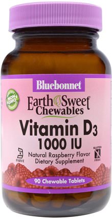 Earth Sweet Chewables, Vitamin D3, 1000 IU, Natural Raspberry Flavor, 90 Chewable Tablets by Bluebonnet Nutrition, 維生素，維生素D3 HK 香港