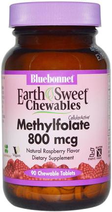 EarthSweet Chewables, CellularActive Methylfolate, Natural Raspberry Flavor, 800 mcg, 90 Chewable Tablets by Bluebonnet Nutrition, 維生素，葉酸 HK 香港