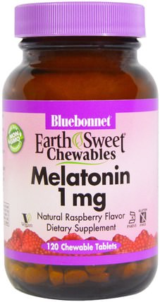 EarthSweet Chewables, Melatonin, Natural Raspberry Flavor, 1 mg, 120 Chewable Tablets by Bluebonnet Nutrition, 補充劑，褪黑激素1毫克 HK 香港