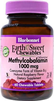 EarthSweet Chewables, Methylcobalamin, Natural Raspberry Flavor, 1000 mcg, 60 Chewable Tablets by Bluebonnet Nutrition, 維生素，維生素b12，維生素b12 - 甲基鈷胺素 HK 香港