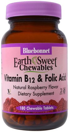EarthSweet Chewables, Vitamin B-12 & Folic Acid, Natural Raspberry Flavor, 180 Chewable Tablets by Bluebonnet Nutrition, 維生素，維生素b，維生素b12 HK 香港