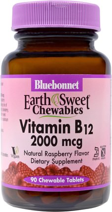 EarthSweet Chewables, Vitamin B12, Natural Raspberry Flavor, 2.000 mcg, 90 Chewable Tablets by Bluebonnet Nutrition, 維生素，維生素b12 HK 香港