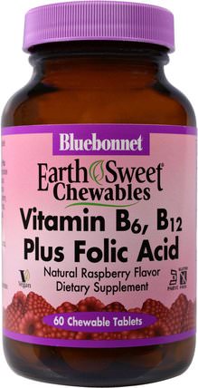EarthSweet Chewables, Vitamin B6, B12 Plus Folic Acid, Natural Raspberry Flavor, 60 Chewable Tablets by Bluebonnet Nutrition, 維生素，維生素b，葉酸 HK 香港
