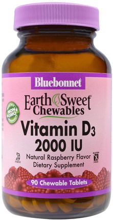 EarthSweet Chewables, Vitamin D3, Natural Raspberry Flavor, 2.000 IU, 90 Chewable Tablets by Bluebonnet Nutrition, 維生素，維生素D3 HK 香港