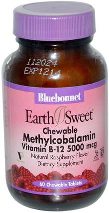 EarthSweet, Methylcobalamin, Vitamin B-12, Natural Raspberry Flavor, 5000 mcg, 60 Chewable Tablets by Bluebonnet Nutrition, 維生素，維生素b12，維生素b12 - 甲基鈷胺素 HK 香港