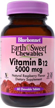 EarthSweet, Vitamin B-12, 5000 mcg, Natural Raspberry Flavor, 60 Chewable Tablets by Bluebonnet Nutrition, 維生素 HK 香港