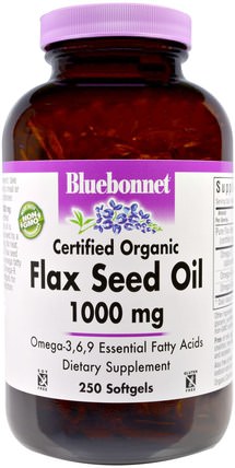 Flax Seed Oil, Certified Organic 1000 mg, 250 Softgels by Bluebonnet Nutrition, 補充劑，亞麻籽 HK 香港