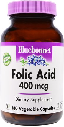 Folic Acid, 400 mcg, 180 Veggie Caps by Bluebonnet Nutrition, 維生素，葉酸 HK 香港