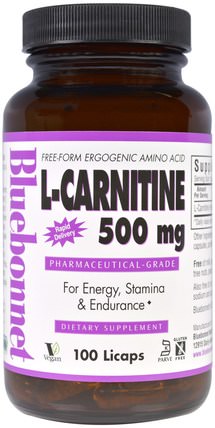 L-Carnitine, 500 mg, 100 Licaps by Bluebonnet Nutrition, 補充劑，氨基酸，左旋肉鹼 HK 香港