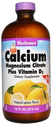 Liquid Calcium, Magnesium Citrate Plus Vitamin D3, Natural Lemon Flavor, 16 fl oz (472 ml) by Bluebonnet Nutrition, 補充劑，礦物質，鈣和鎂 HK 香港