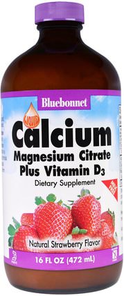 Liquid Calcium, Magnesium Citrate Plus Vitamin D3, Natural Strawberry Flavor, 16 fl oz (472 ml) by Bluebonnet Nutrition, 補品，礦物質，鈣，液體鈣 HK 香港
