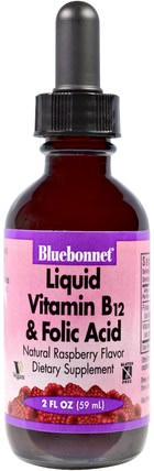 Liquid Vitamin B-12 & Folic Acid, Natural Raspberry Flavor, 2 fl oz (59 ml) by Bluebonnet Nutrition, 維生素，維生素b，維生素b12，維生素b12 - 液體 HK 香港