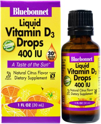 Liquid Vitamin D3 Drops, Natural Citrus Flavor, 400 IU, 1 fl oz (30 ml) by Bluebonnet Nutrition, 維生素，維生素D3 HK 香港