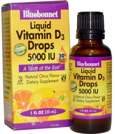 Liquid Vitamin D3 Drops, Natural Citrus Flavor, 5.000 IU, 1 fl oz (30 ml) by Bluebonnet Nutrition, 維生素，維生素D3 HK 香港
