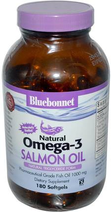 Natural Omega-3 Salmon Oil, 1000 mg, 180 Softgels by Bluebonnet Nutrition, 補充劑，efa omega 3 6 9（epa dha） HK 香港