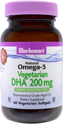 Natural Omega-3, Vegetarian DHA, 200 mg, 60 Veggie Softgels by Bluebonnet Nutrition, 補充劑，efa omega 3 6 9（epa dha） HK 香港