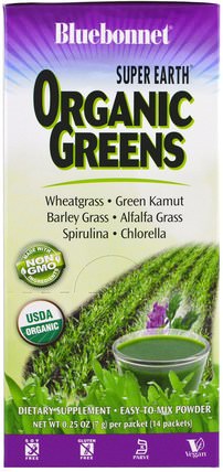 Super Earth, Organic Greens, 14 Packets, 0.25 oz (7 g) Each by Bluebonnet Nutrition, 補品，超級食品 HK 香港