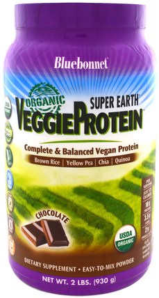 Super Earth, Organic VeggieProtein, Chocolate Flavor, 2 lbs (930 g) by Bluebonnet Nutrition, 補充劑，蛋白質，大米蛋白粉 HK 香港