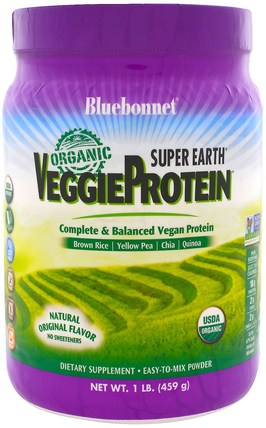Super Earth, Organic VeggieProtein, Natural Original Flavor, 1 lb (459 g) by Bluebonnet Nutrition, 補充劑，蛋白質，大米蛋白粉 HK 香港