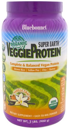 Super Earth, Organic VeggieProtein, Vanilla Chai, 2 lbs (900 g) by Bluebonnet Nutrition, 補充劑，蛋白質，大米蛋白粉 HK 香港