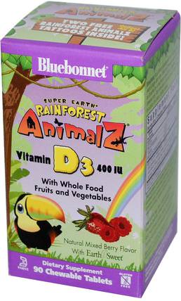 Super Earth, Rainforest Animalz, Vitamin D3, Mixed Berry, 400 IU, 90 Chewable Tablets by Bluebonnet Nutrition, 維生素，維生素D3 HK 香港