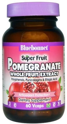 Super Fruit, Pomegranate Whole Fruit Extract, 60 Vcaps by Bluebonnet Nutrition, 補充劑，抗氧化劑，石榴汁提取物 HK 香港