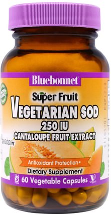 Super Fruit, Vegetarian SOD, Cantaloupe Fruit Extract, 250 IU, 60 Veggie Caps by Bluebonnet Nutrition, 補充劑，抗氧化劑，超氧化物歧化酶sod glisodin HK 香港