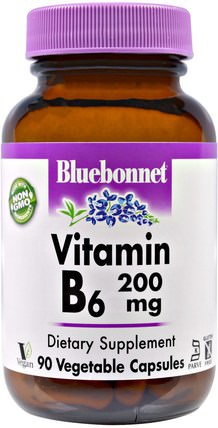 Vitamin B-6, 200 mg, 90 Veggie Caps by Bluebonnet Nutrition, 維生素，維生素b6 - 吡哆醇 HK 香港